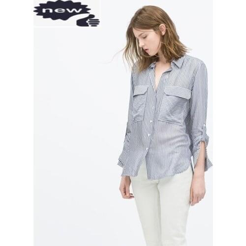 Spring Summer New Women Casual Double Pockets Long Sleeve Loose Fit Striped Blouse Single Breasted Office Lady Shirts