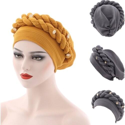 Female African Auto Gele Hijabs with Sequins new braid hat messy linen Headscarf Bonnet Arab Head Wraps Women Braid twist Muslim