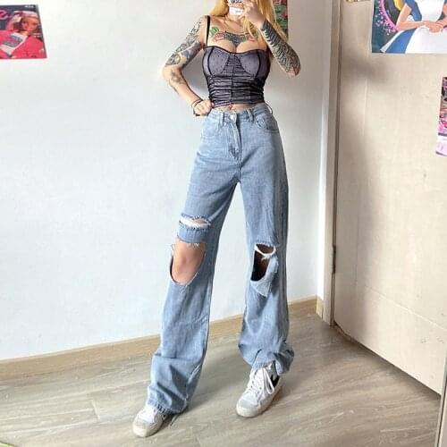 Women’s Korean Style Wide Leg Jeans Fashion Solid Color High-waist Irregular Ripped Holes Loose Denim Pants with Pocket
