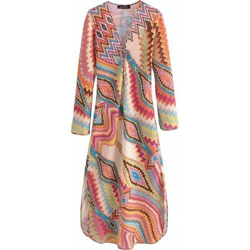 New Summer Vintage Printed Dress Women V-neck with Drawstring Long Sleeves Chic Lady Elegant Maxi Dresses Woman