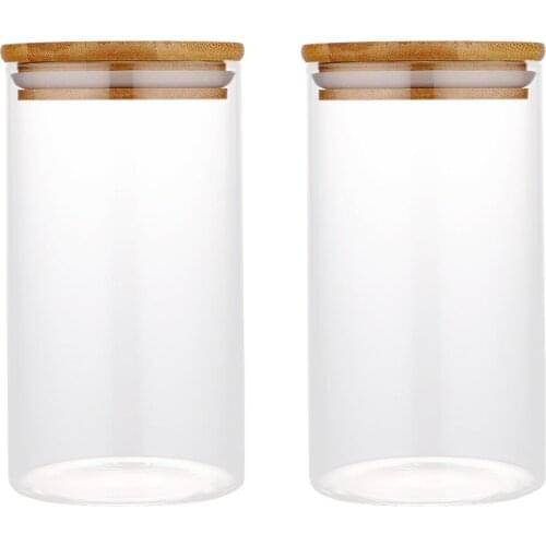 2pcs Transparent Glass Sealing Jars Practical Tea Caddy with Bamboo Lid Multipurpose Tea Caddy Candy Jars Snack Cans A50