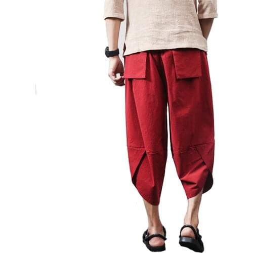 Linen China wind loose pants beam cotton and linen pants mens wide-bodied harem pants loose summer big section nine poi