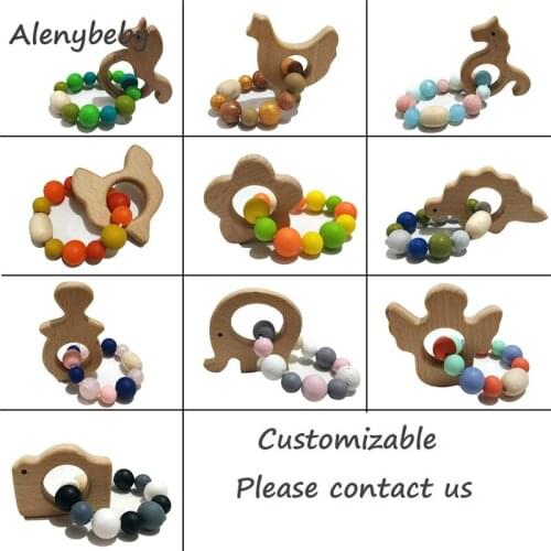 Baby Teether 1pc Bracelet Food Grade Unicorn Beech Wood Teether Cute Elephant BPA Free Silicone Beads Teething Toys Gifts
