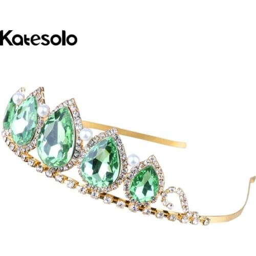 Elegant Princess Wedding Crown Green Crystal Headband Tiaras Rhinestone Party Hairwear For Bridal Gold Color Hair Accessories