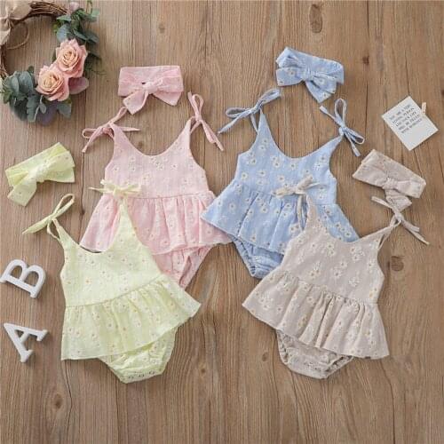 Newborn Baby Girls Summer Clothes Toddler Infant Girls Bandage Daisy Print Romper Jumpsuits Dress Headband Cotton Linen Outfits