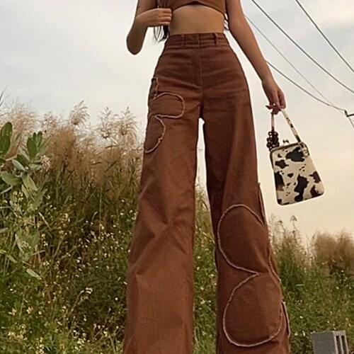 Brown Floral Jeans Y2K Retro Denim Pants Baggy Straight Cargo Pants Women Hot Popular Trousers 90S Harajuku Joggers