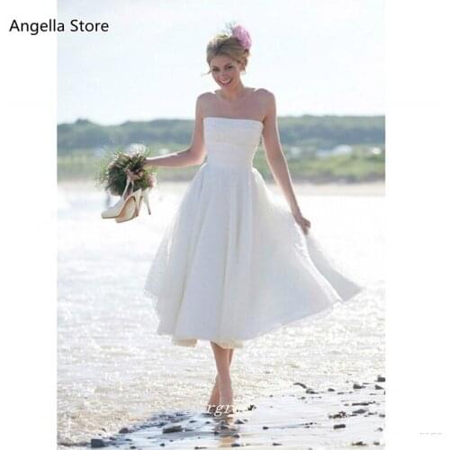 Boho Short Strapless Summer Beach Wedding Dress Tea Length Backless Women Bridal Gown Plus Size