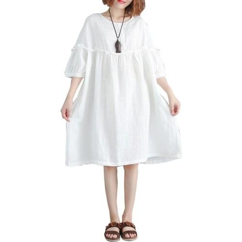 Summer Women Mid-Length Dress 2021 Solid Lantern Sleeve Bohemian Dress Women Casual Loose Plus Size Dresses FC1220