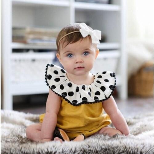 Hot Lovely Baby Girls Bodysuit Kids Summer Lotus Leaf Collar Dot Yellow Sunsuit Sleeveless Baby Girl Clothes