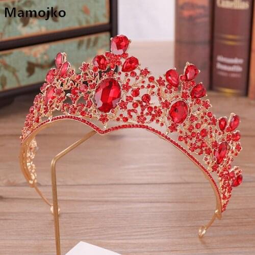 Mamojko Baroque Wedding Red Green Big Crystal Bride Crown for Women Full Rhinestone Flower Bridal Tiara Hair Dress Accessories