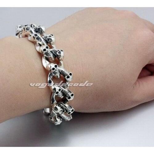 Punk Fashion Skull Heap Bracelet Solid 925 Sterling Silver Cool Mens Biker Bracelet 8F009 -- 8.2"~10.5"