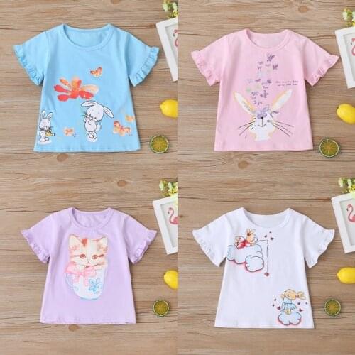 New Fashion Baby Girl Clothes Cotton Short Ruffle Sleeve T-shirt Daisy Floral Printed Tops Summer Holiday Children Clothing 2-6Y