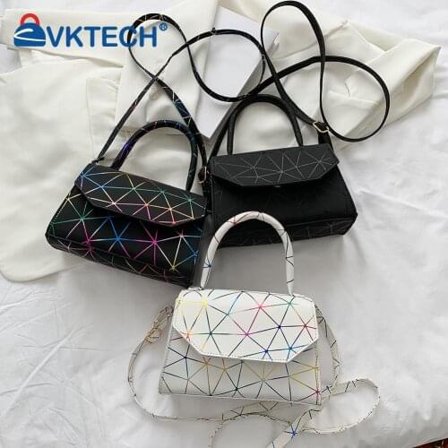 New Retro Women Lines Print Laser PU Leather Top-Handle Small Shoulder Bag Girls Brief Flap Womens Messenger Bags