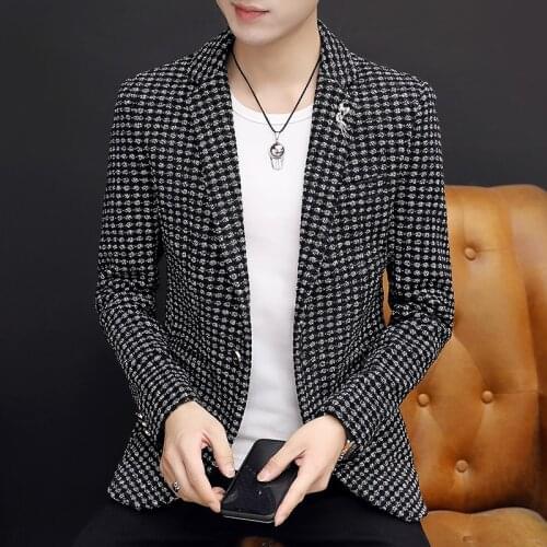 2019 New Mens Blazers Jackets Checks Plaids One Button Slim Fit Men Coat Casual Black White Gray G08