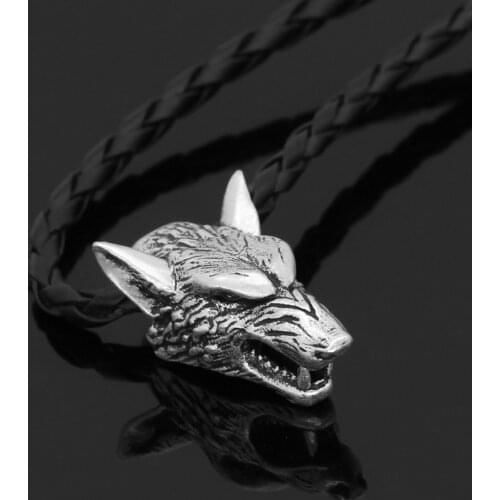 Trendy Personality Classic Vintage Mens Metal Pendant Viking Wolf Head Necklace Long Choker Punk Hip Hop Rock Leather Rope