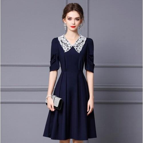 Embroidery Black Peter Pan Collar Summer Ladies' Dress A-Line Puff Sleeves Dark Blue Sweet Dresses Young OL Woman Slim Skirts