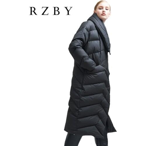 Down Women Stylish Jackets Long Asymmetric Winter Coats Zipper пуховик женский зимний Turn Collar Warm Streetwear пальто RZBY007