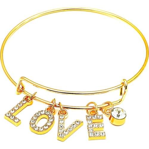 Romantic LOVE Letter Pendant Charm Adjustable Bangles for Women Bridal Wedding Engagement Crystals Gold Bangle Jewelry