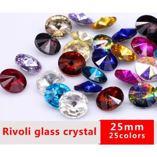 2p 25mm color round rivoli point foiled back glass strass big stone facted glue on crystal rhinestone jewels craft DIY for Dress