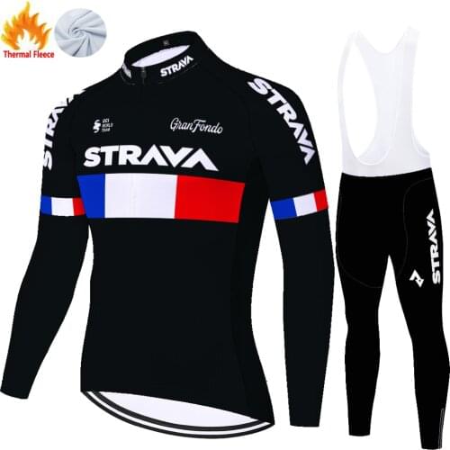 TEAM STRAVA cycling jersey long sleeve set Winter Thermal Fleece warm bike ccycling clothing men ​20D gel pad cycling pants