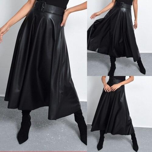 2020 Spring and Autumn Womens High Waist with Belt Plesple PU Skirt Womens Leather Skirt Black Skirts