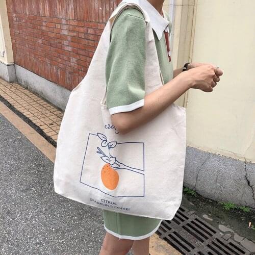 Ladies Shoulder Bag Green Shopping Bag 2021 New Simple Canvas Women Bags Large Capacity Conventional Handbag Fruit Illustration