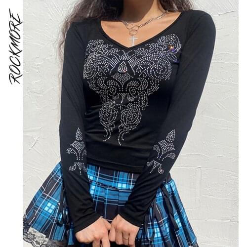 Rockmore Rhinestone Graphics T-shirt Autumn Women y2k Casual V Neck Long Sleeve Top Korean Knit Basic Tee Shirt Grunge Fairycore