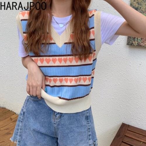Harajpoo Women Vests Korean College Style Striped V Neck Knitted Early Spring Autumn New Sweater Temperament All Match Slim Tops