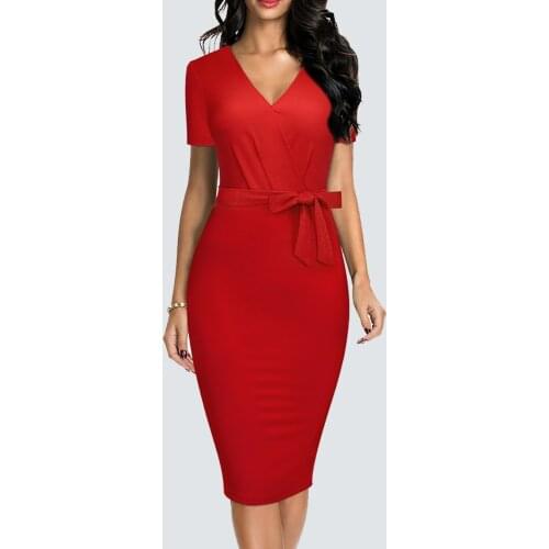 Summer Women Short Sleeve V Neck Bow Pure Color Charming Office Lady Pencil Dress HB642