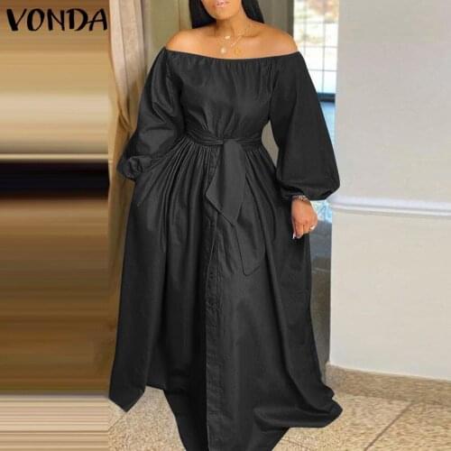 Ladies Party Dress 2021 VONDA Women Long Lantern Sleeve Off The Shoulder Dresses Loose Solid Sundress Oversize Long Robe