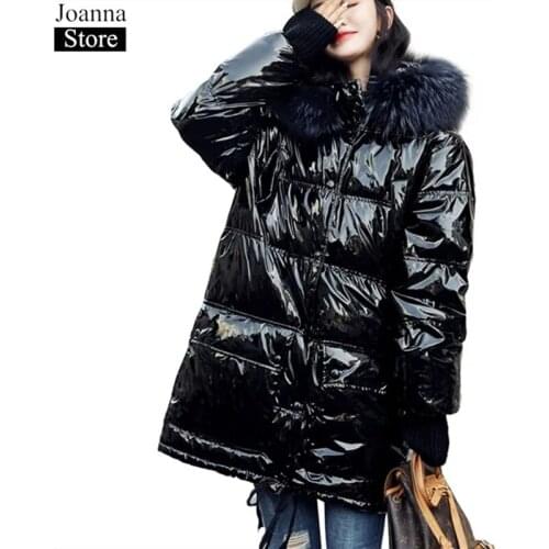 Winter Women Bright Hooded White Duck Down Jacket Real Fur Collar Coats Thicken Long Down Parka Female Warm Black Casual Jackets