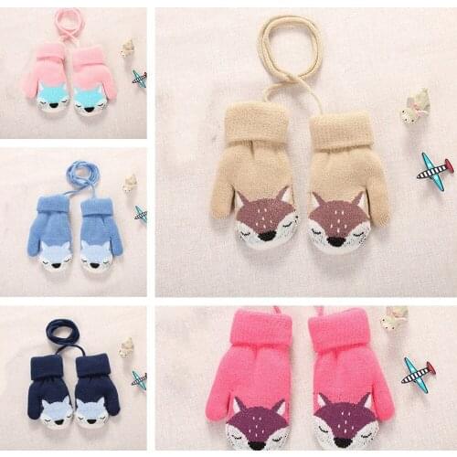 1 Pair Girls Boys Winter Lovely Outdoor Cartoon Fox Warm Knitted Cute Gloves Wool Thick Double Layer Plush Finger Mitten