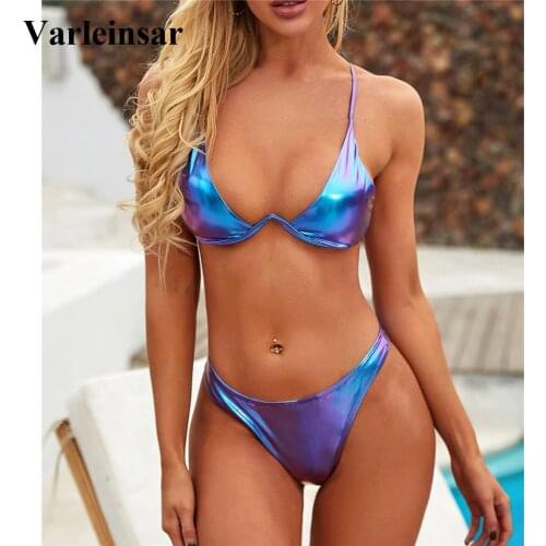 2021 Pu Faux Leather V-bar Underwired Bikini Women Swimwear Female Swimsuit Two-pieces Bikini set Bather Bathing Suit Swim V1991