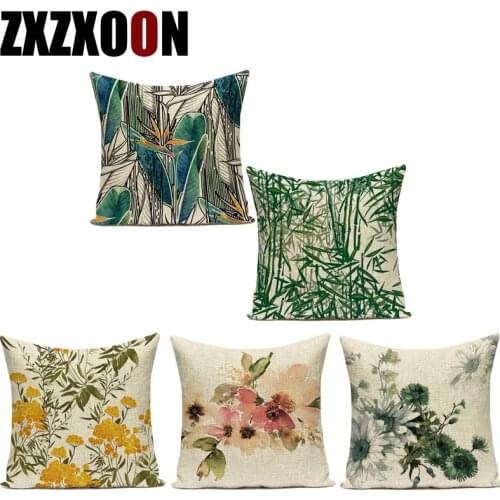 Decorative Throw Pillows Case Green Tropical Palm Bamboo Flower Trees Sofa Home Pillow Cushion Cover for Living Room Decoration