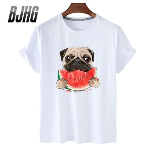 100% Cotton Eating Melon Pug Print Short-sleeved T-shirt Female Half-sleeved Summer Casual Oversized T-shirt Ladies Shirt S-4XL