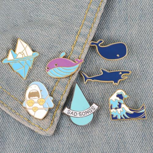 Go Surfing! Enamel Pins Blue Wave Iceberg Whale Shark Brooch Badge Denim Shirt Lapel Pin Cartoon Funny Jewelry Gift Kids Friends