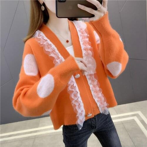 Room 206893, no. 3 in 11 short film dot lace stitching knitting cardigan [3500] 53