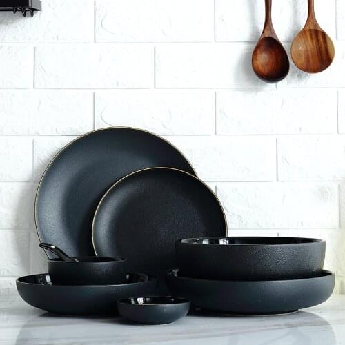 1pcs Black Gold Rim Ceramic Dinner Dish Plate Rice Salad Noodles Bowl Soup Plates Matte Dinnerware Sets Tableware Kitchen Tool