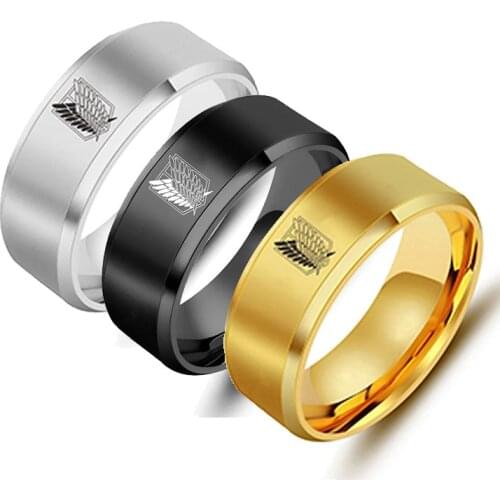 Fashion 8mm Stainless Steel Attack On Titan Ring Wings Of Liberty Flag Finger Rings For Men And Women Jewelry Anime Fans