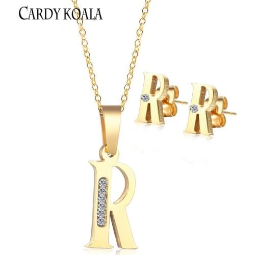 Stainless steel capital letter R with zircon simple and elegant golden necklace earring set