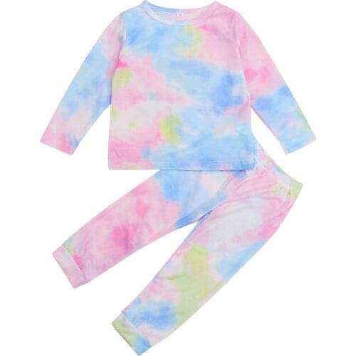 2 Pieces Kids Suit Set Tie-Dyed Round Neck Long Sleeve Pullover+ Long Pants for Toddler Girls 1-7 Years