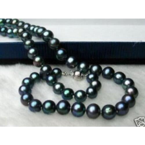 Beautiful 8.5-9.5mm tahitian black green genuine round pearl necklace s925 silver clasp