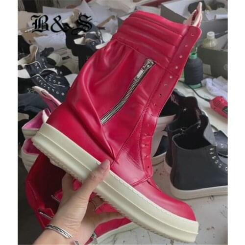 Black& Street High-TOP Side Pocket Mid-Calf TPU RED Leather Fragrant motorcycles Boots genuine leather Winter ZIP Flat Boots