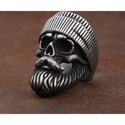 Gothic Hat Big Beard Skull Ring For Men Boys Punk Street Stainless Steel Men Biker Skull Rings Jewelry Gift Wholesale