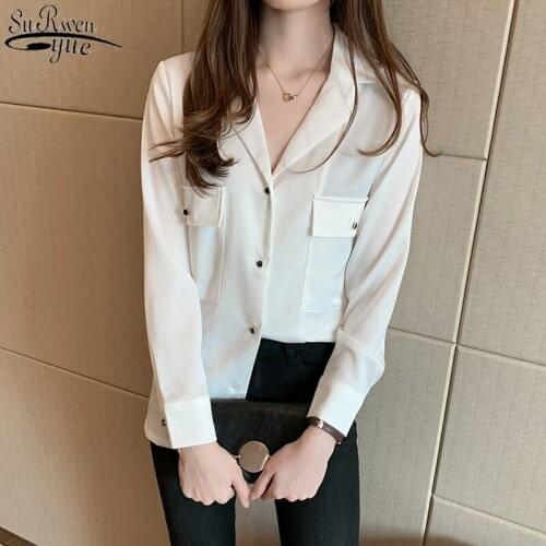 New Style Autumn and Winter 2021 Korean All-match V Neck Large Pocket Long Sleeve Chiffon Blouse Fashion Women Shirts 10492