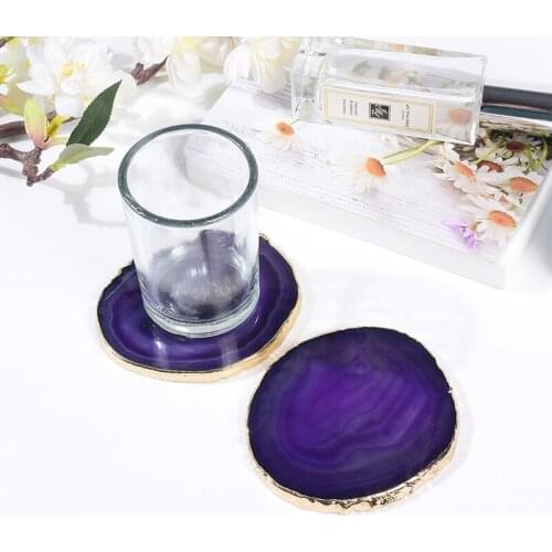 Round Shape Slice Electroplated Gold Edge Craft Pad Agate Natural Stone Crystal Coaster Cup Beverage Holder Mat Home Decor