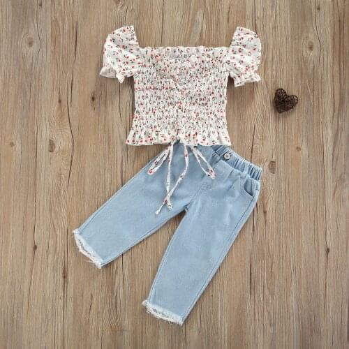 2 Pcs Baby Girl Casual Outfits Floral Square Collar Puff Sleeve Drawstring Shirt + Solid Color Frayed Raw Hem Jeans with Pocket