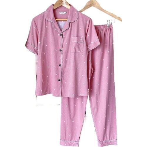 Simple Sleepwear Sets for Women Lovely Pajamas Set Cotton Short Sleeve + Long Pant Home Wear Lazy Style Women Underwear Pijamas