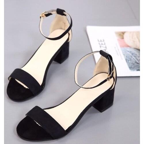 Womens shoes 5.5CM High heel 2020 summer suede black student shoes sandals in Rome with high heel thick with a buckle