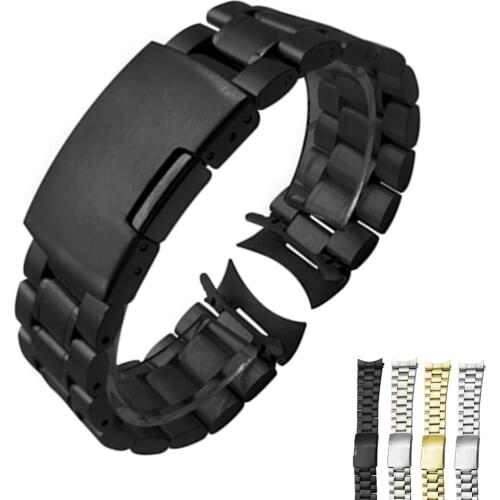 Stainless Steel Strap 16mm 18mm 20mm 22mm 24mm Metal Curved End Watch Band Link Bracelet Watchband Black Silver Gold